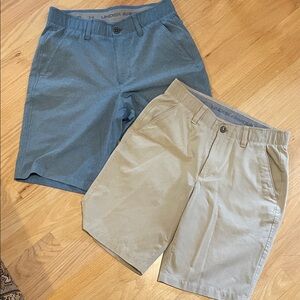 Two Under Armour Men's Flat Front Shorts - Blue and Tan size 30 inseam 10”